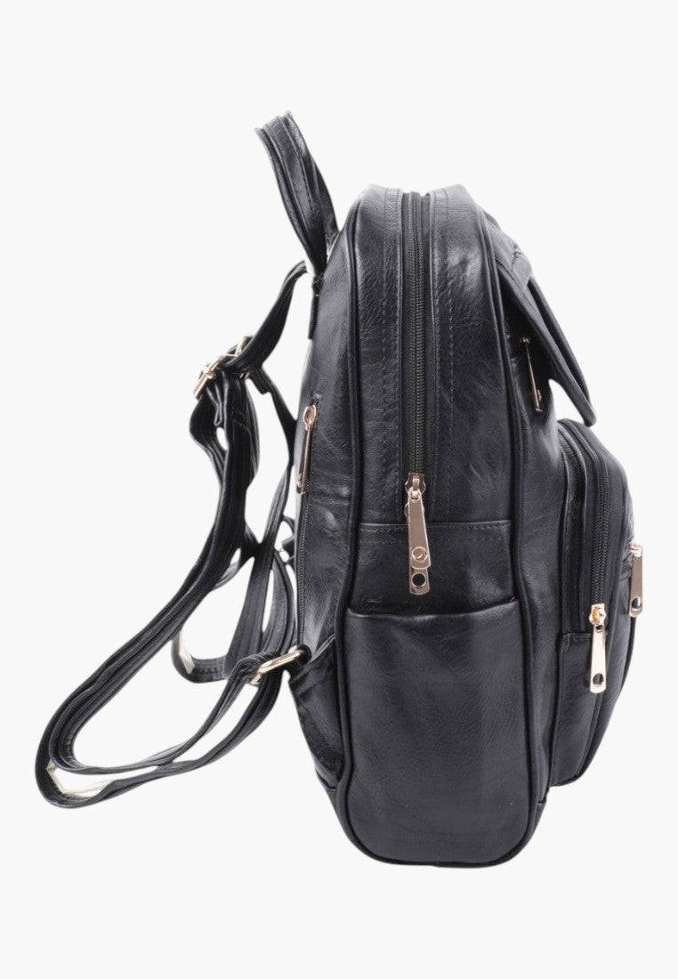 Falio black faux leather urban backpack with multiple zippered pockets and adjustable straps, side view