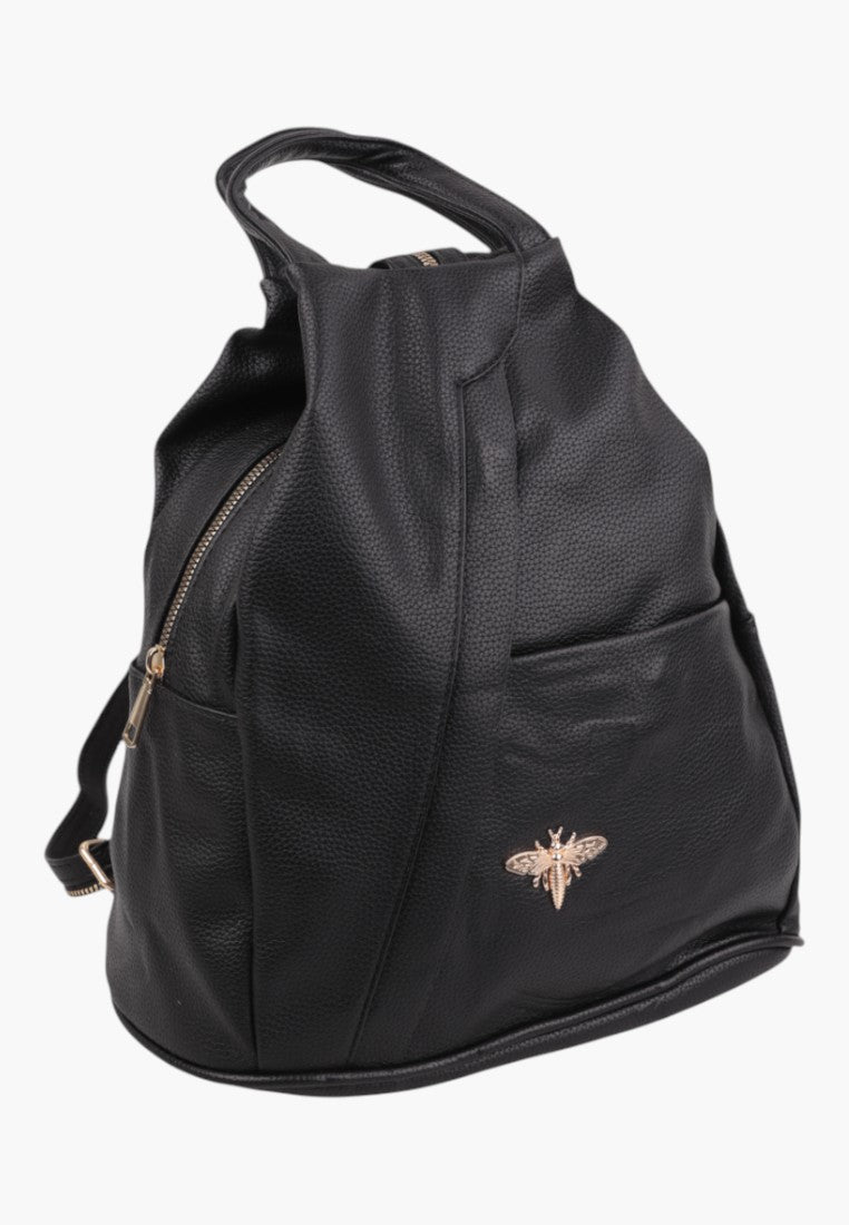 Falio black urban faux leather backpack with a gold bee emblem and multiple zippered pockets