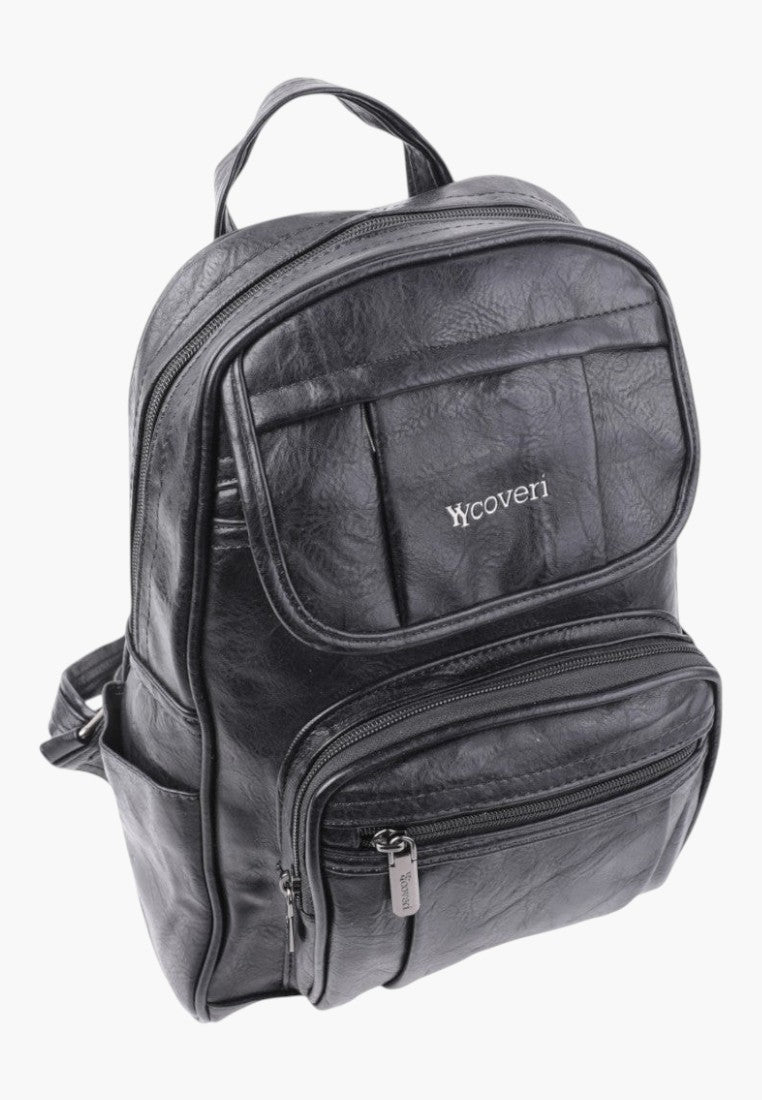 Falio black faux leather urban backpack with multiple zippered pockets and spacious main compartment for A4 items.
