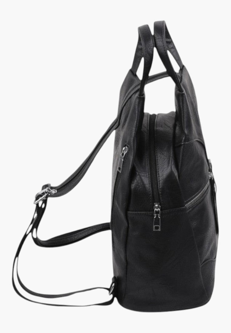 Falio black faux leather urban backpack with zipper closure and multiple compartments, side view