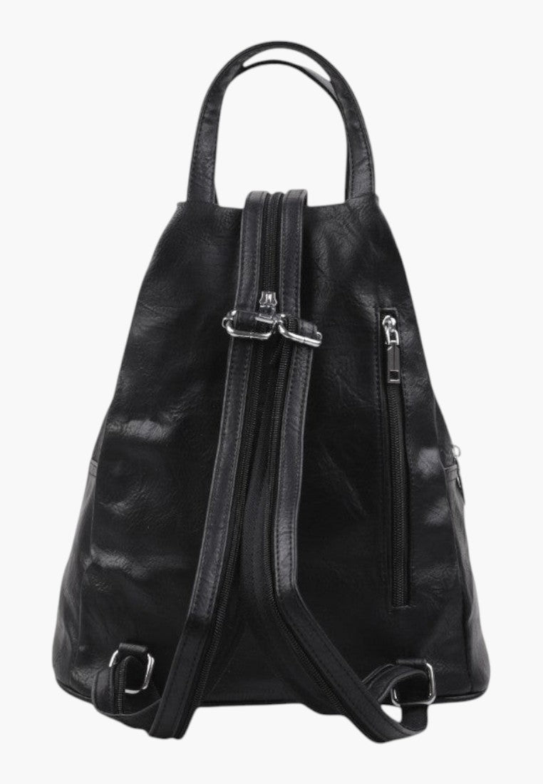 Falio black faux leather urban backpack with multiple zippered pockets and adjustable straps for daily use