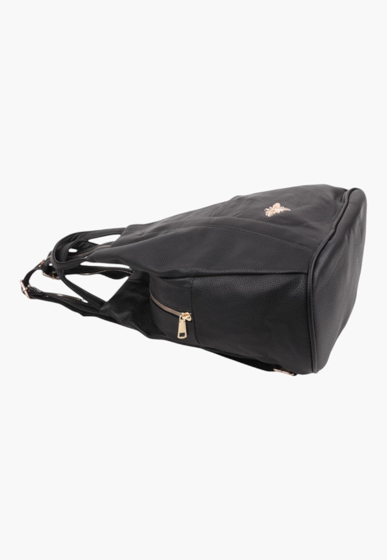 Falio black urban faux leather backpack with gold zipper details and side pockets