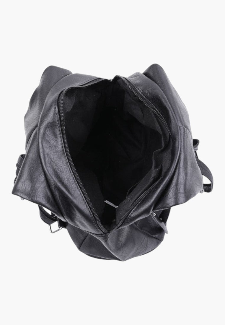 Falio black faux leather urban backpack with a spacious 16L main compartment and secure zipper closure