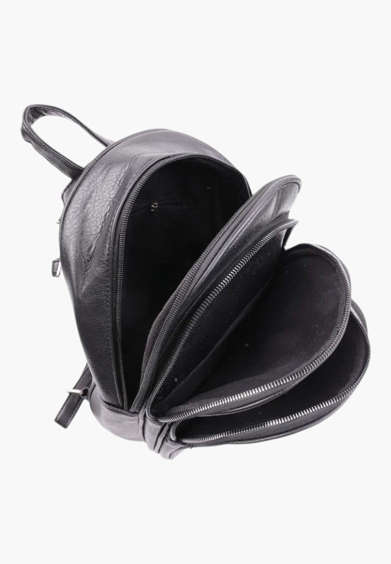Falio black faux leather urban backpack with multiple zippered compartments and a spacious interior for A4 items