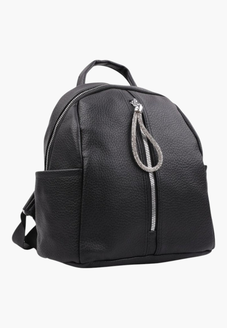 Falio black faux leather urban backpack with a decorative rhinestone zipper pull and multiple compartments.