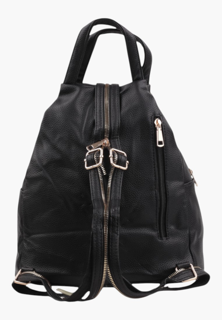Falio black faux leather urban backpack with multiple zippered pockets and adjustable straps for daily use