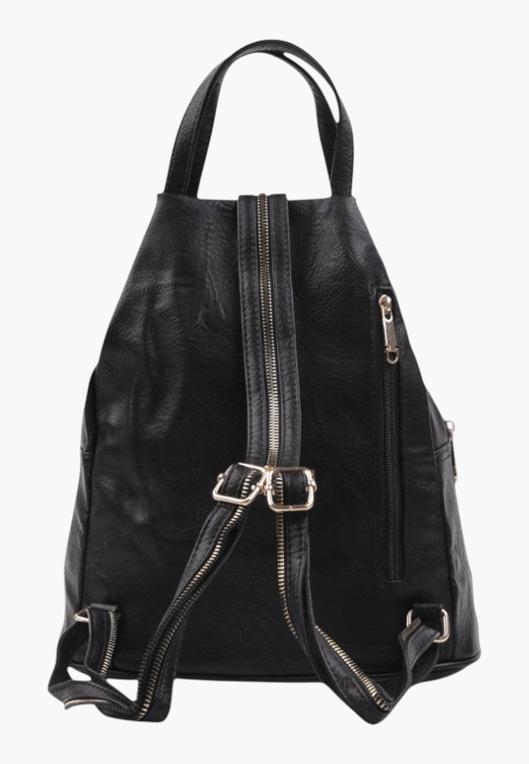 Falio black faux leather urban backpack with multiple zippered pockets and adjustable straps for daily use