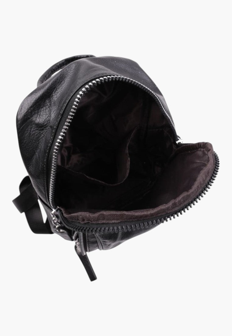 Falio black faux leather urban backpack with an open zippered main compartment and internal pockets