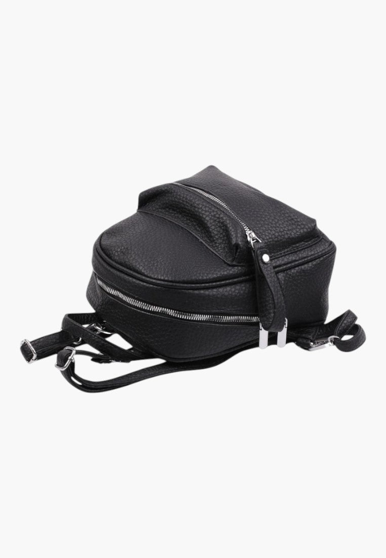 Falio small black urban backpack made of textured faux leather with silver zippers and adjustable straps