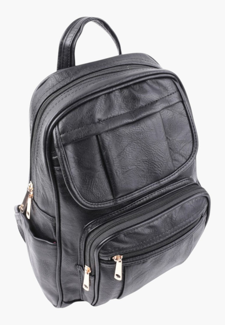 Falio black faux leather urban backpack with multiple zippered pockets and a spacious main compartment
