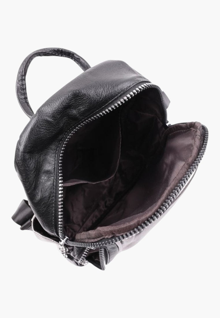 Falio black faux leather urban backpack with an open main compartment and silver zipper details