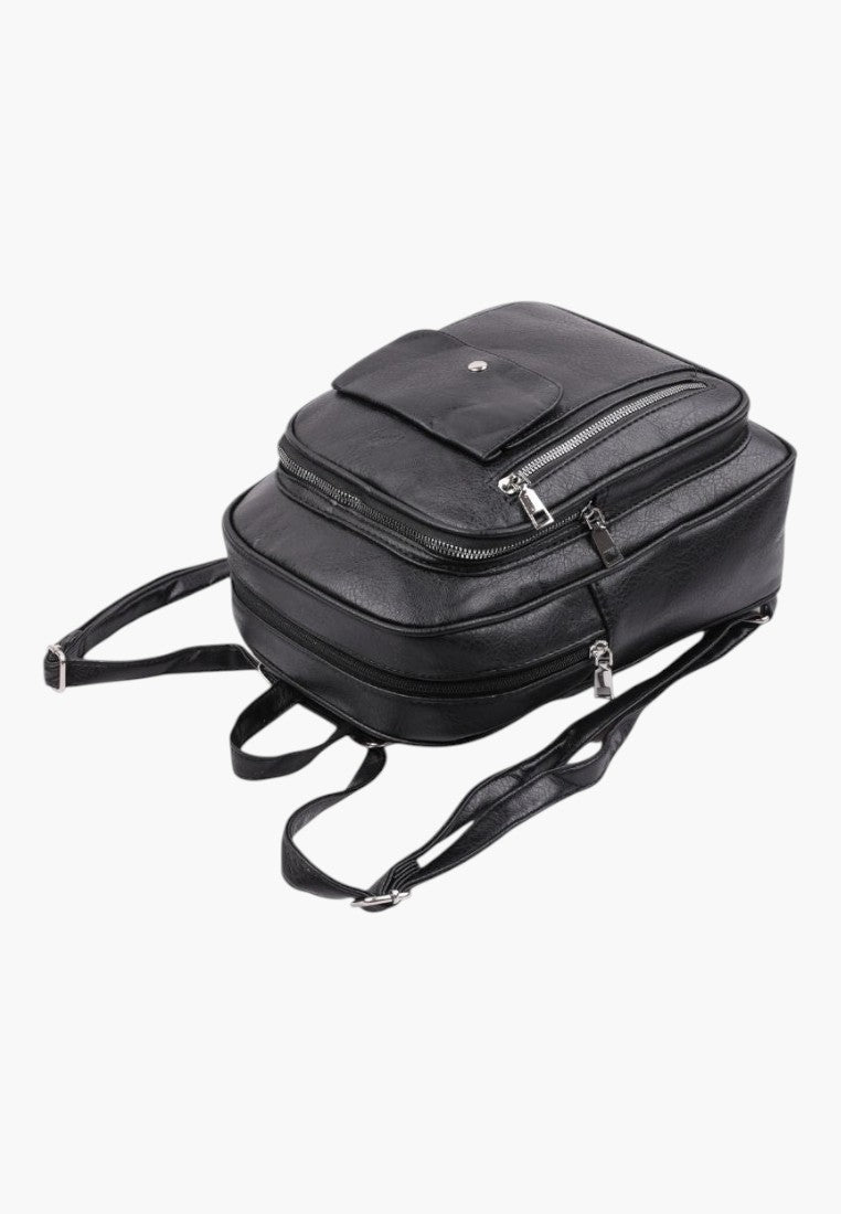 Falio black faux leather urban backpack with multiple zippered pockets and adjustable straps for daily use