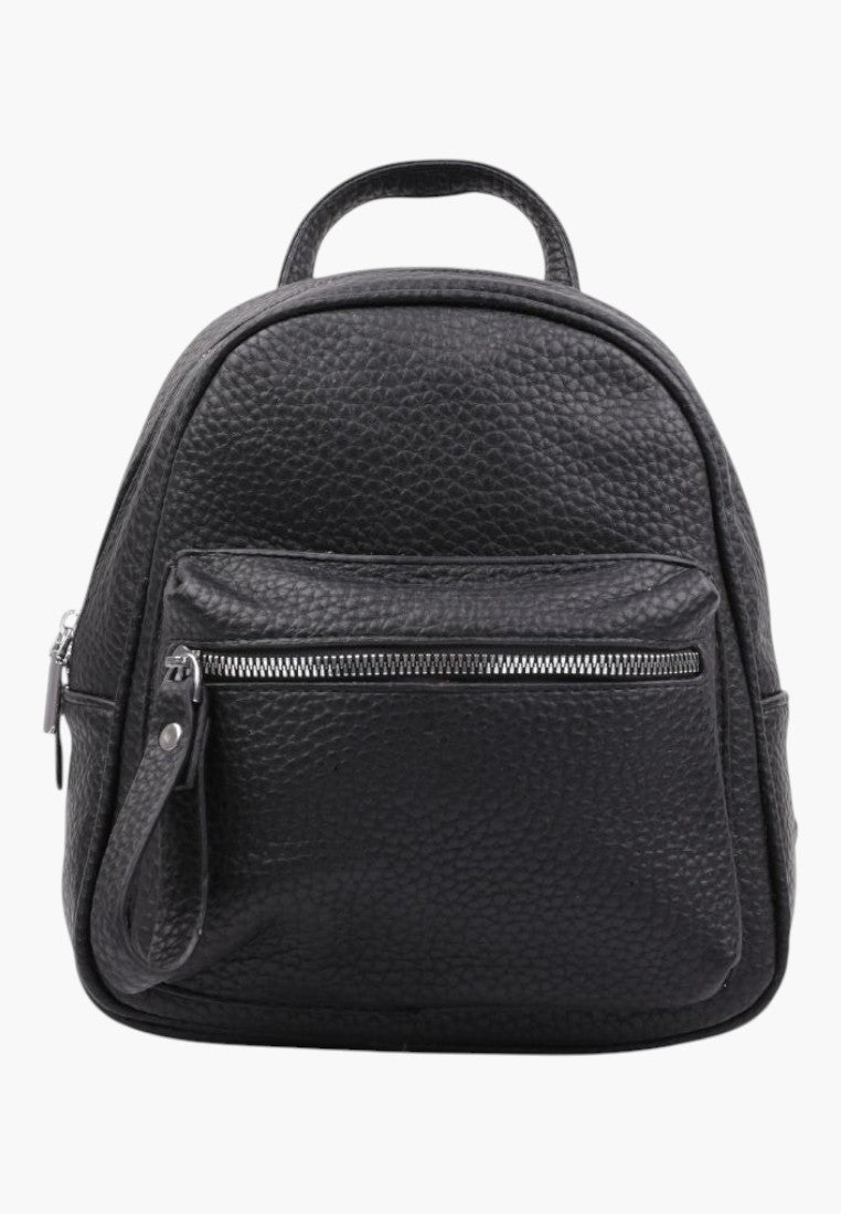 Falio small black faux leather urban backpack with a front zipper pocket and textured finish