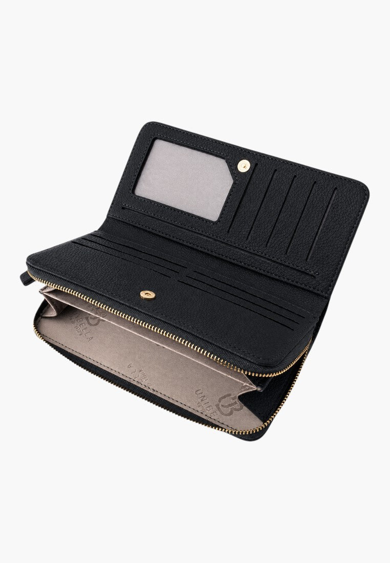 Falio women's black faux leather horizontal wallet with zip closure, multiple card slots, and internal compartments