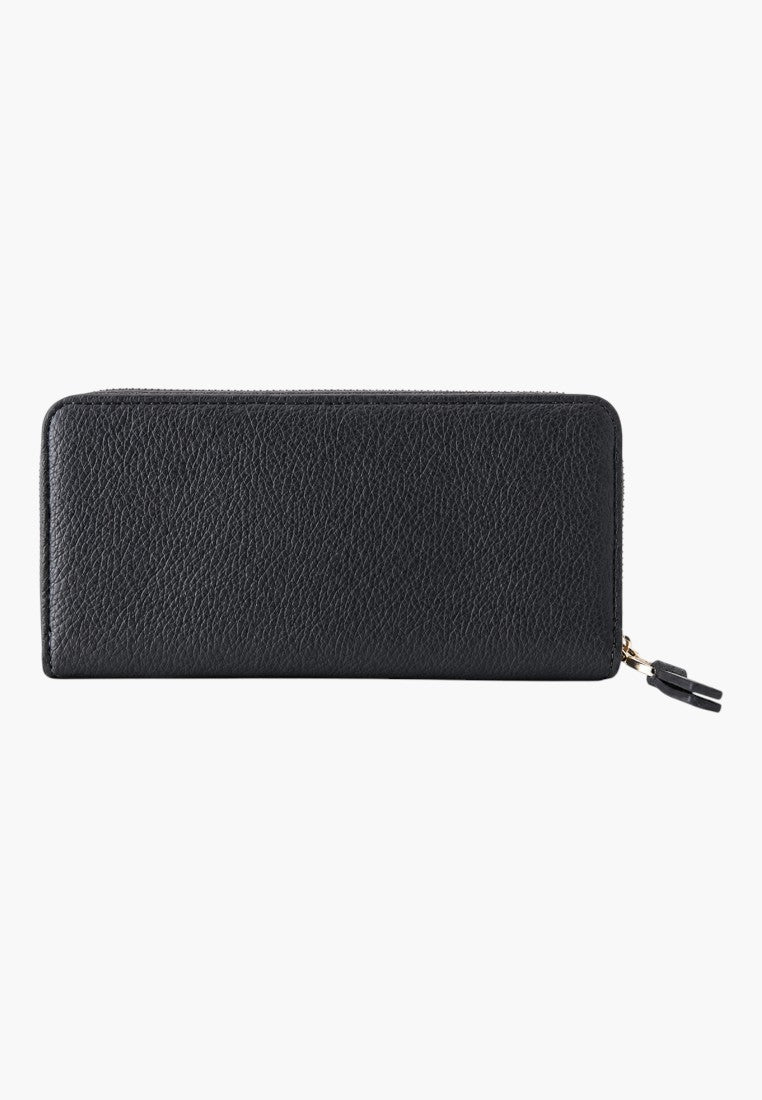 Falio black faux leather horizontal wallet with a zip closure and textured finish