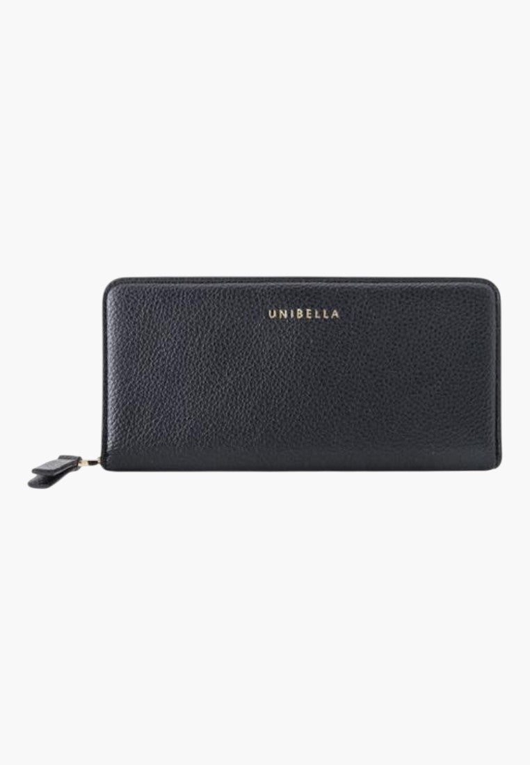 Falio black faux leather horizontal wallet with a zip closure and gold branding on the front