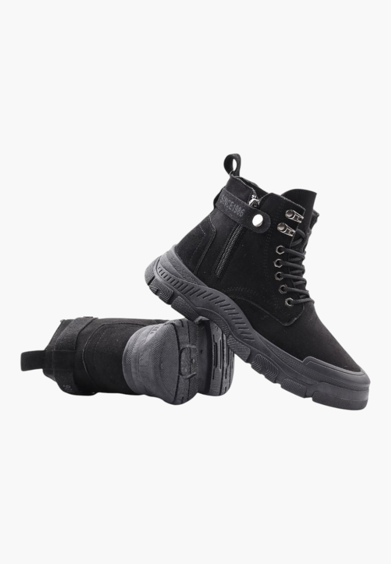 Falio black faux suede lace-up ankle boots with thick lug soles and side zippers