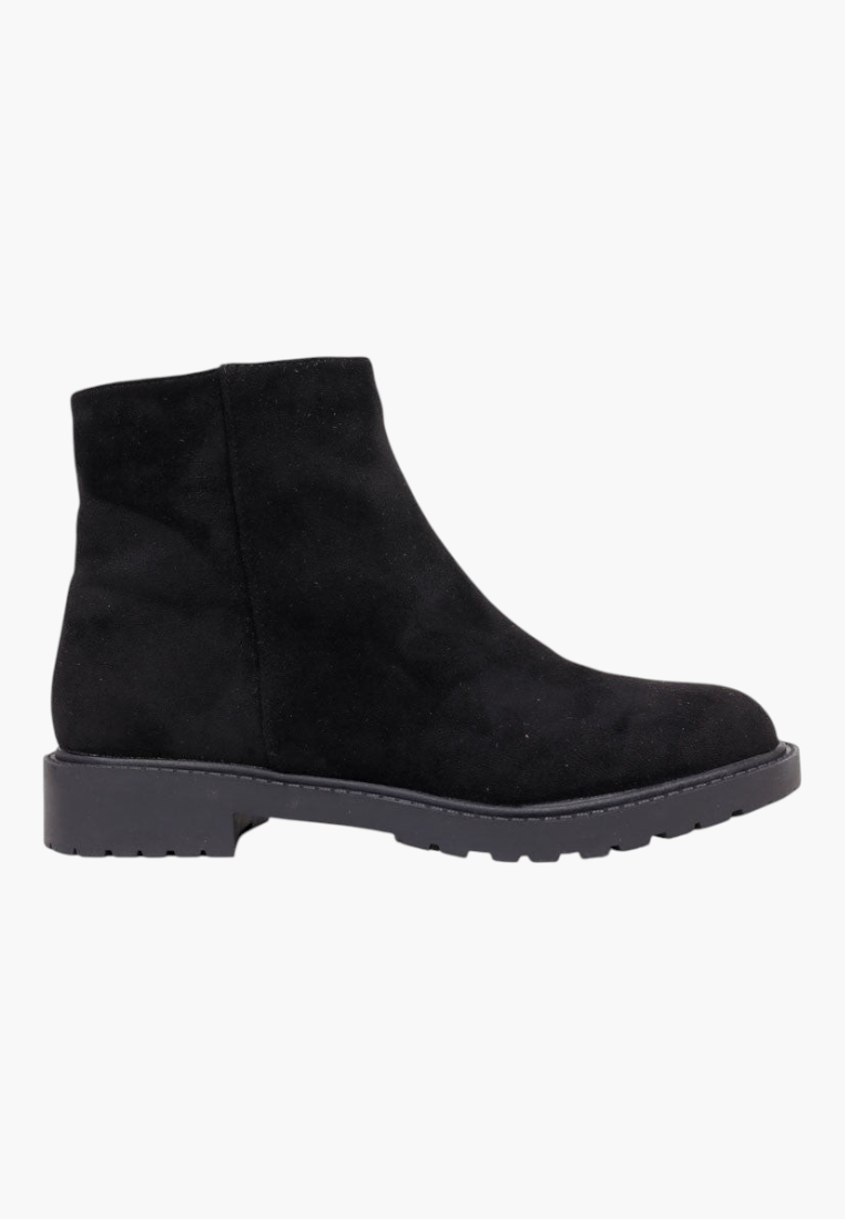 Falio black faux suede ankle boots with a round toe, side zipper, and flat lug sole for winter wear.
