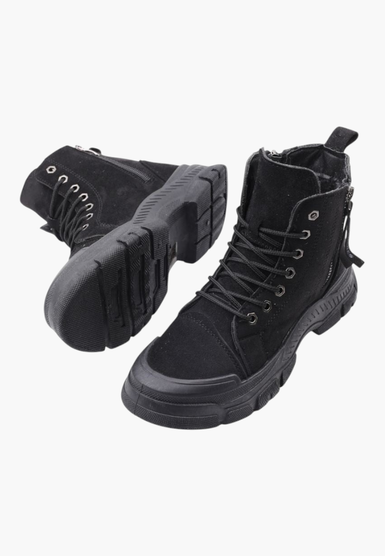 Falio black faux suede lace-up ankle boots with thick lug soles and side zipper closure