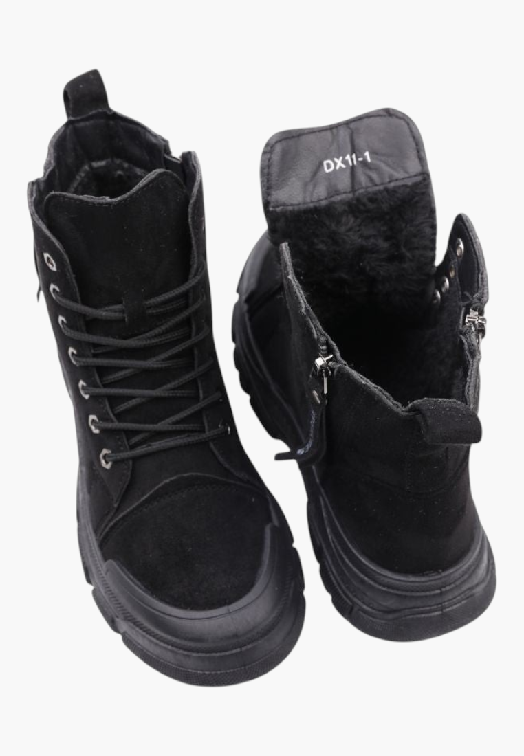 Falio black faux suede lace-up ankle boots with thick lug soles and warm interior lining