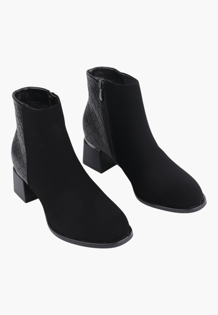 Falio black faux suede ankle boots with block heels, round toe, side zipper, and quilted heel detail.