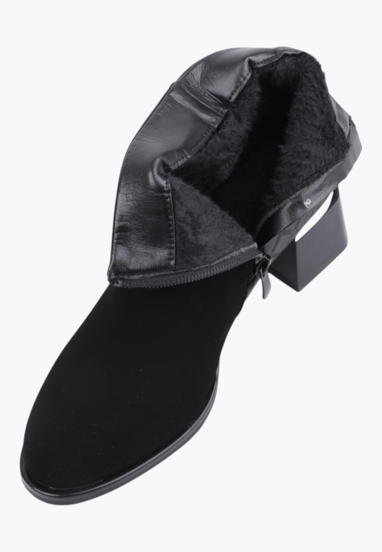 Falio black faux suede ankle boots with a block heel, round toe, side zipper, and warm faux fur lining.