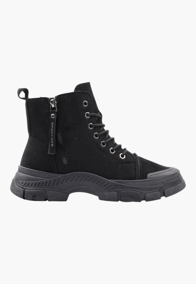 Falio black faux suede lace-up ankle boots with thick lug soles and side zipper closure