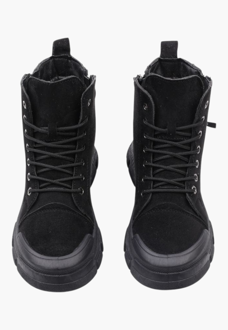 Falio black faux suede lace-up ankle boots with thick lug soles and side zipper closure for women