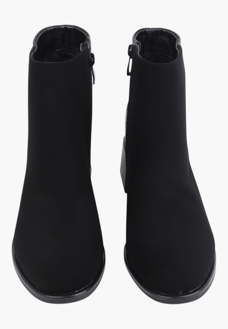Falio black faux suede ankle boots with a round toe, side zipper, and block heel for autumn and winter wear.