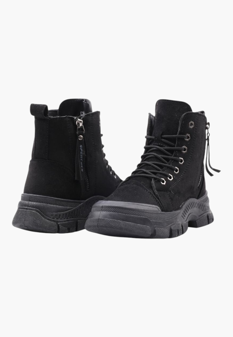 Falio black faux suede lace-up ankle boots with thick lug soles and side zippers for women
