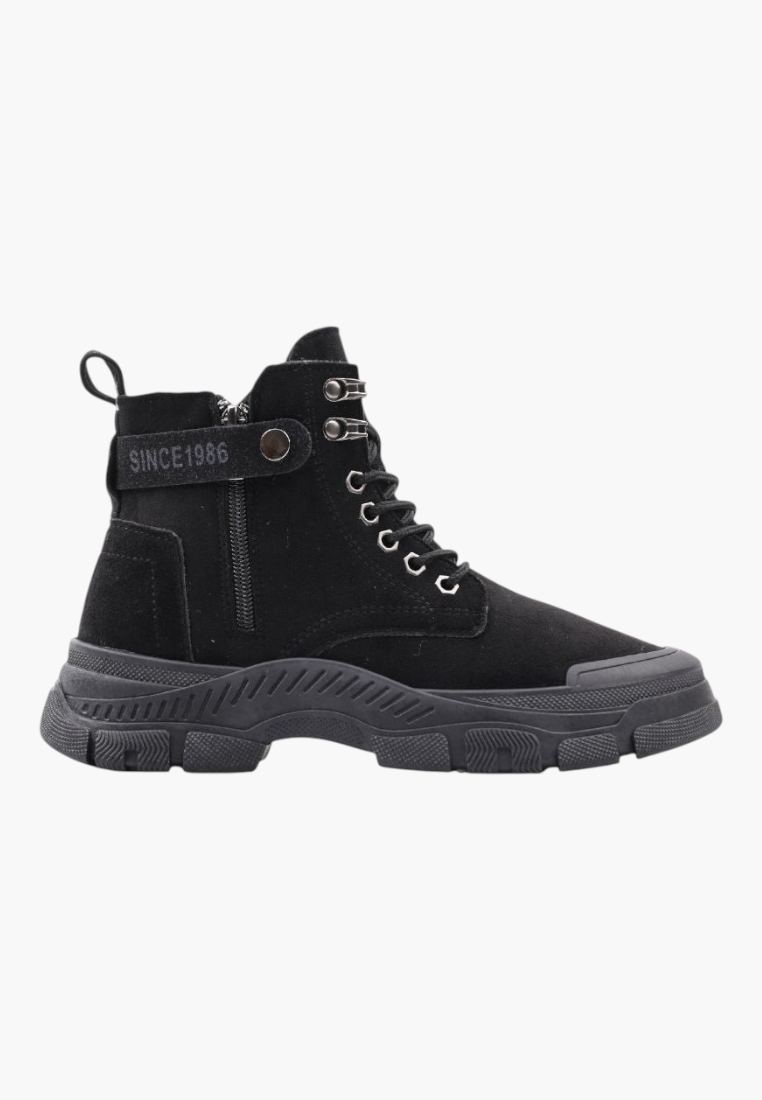 Falio black faux suede lace-up ankle boots with a chunky lug sole and side zipper detail.