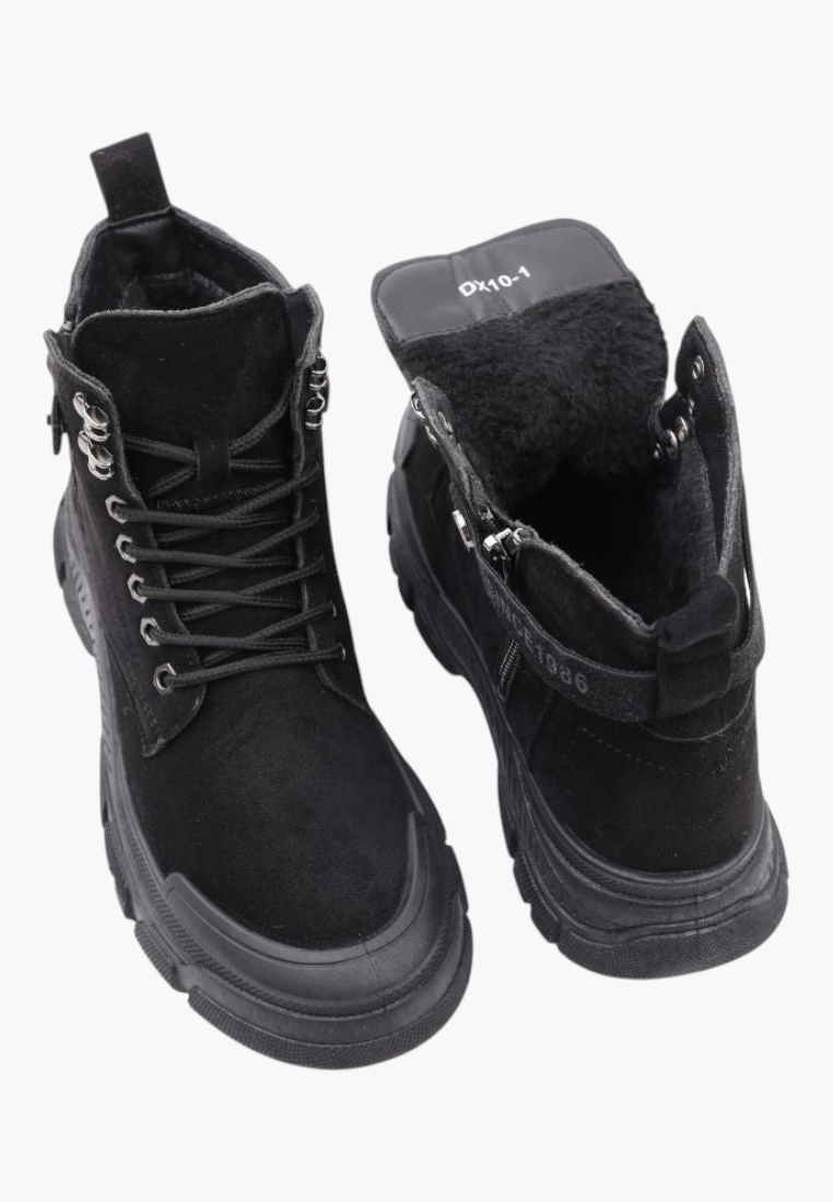 Falio black faux suede lace-up ankle boots with thick lug soles and warm interior lining