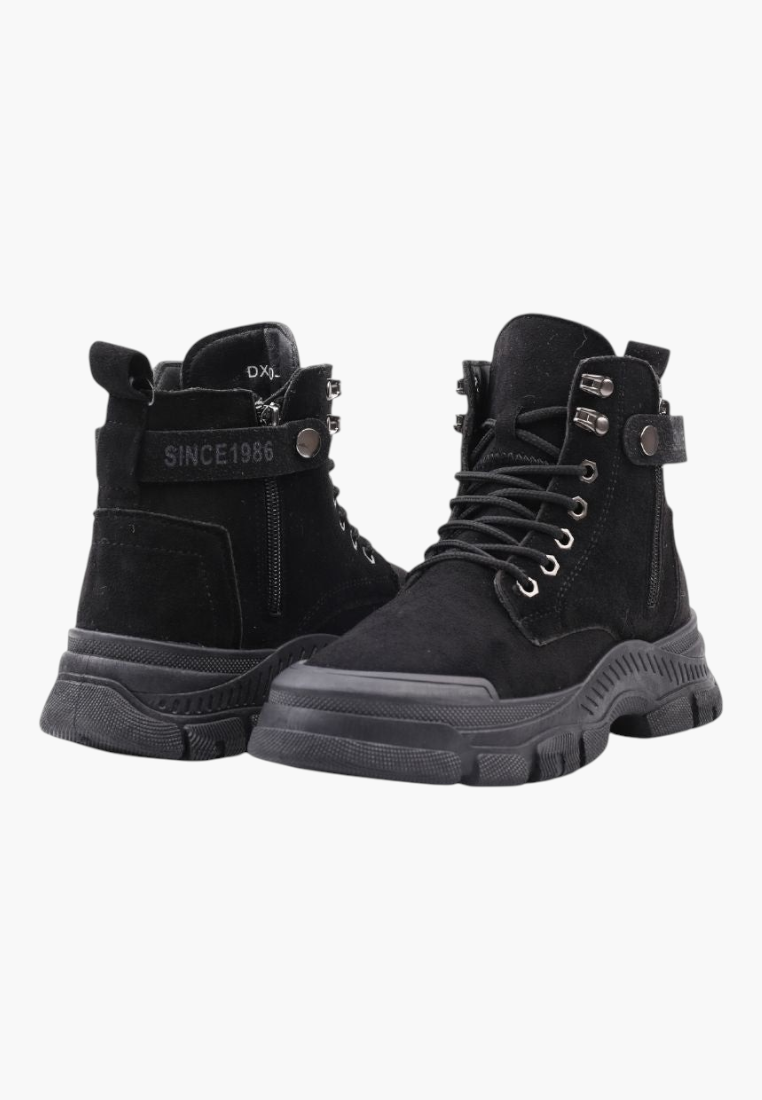 Falio black faux suede lace-up ankle boots with thick lug soles and side zipper detail