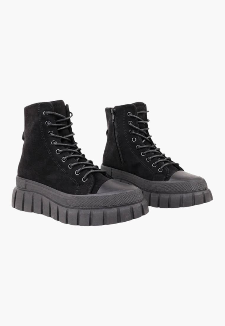 Falio black faux suede ankle boots with lace-up front, side zipper, and thick 6cm rubber platform sole.