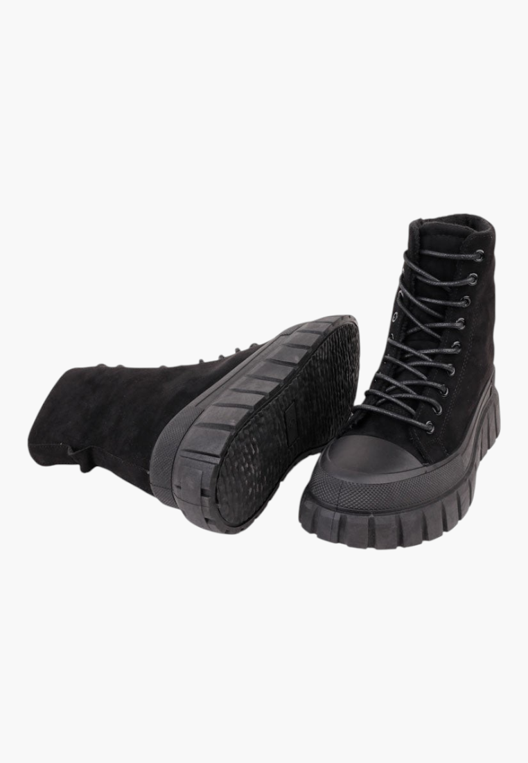 Falio black faux suede lace-up ankle boots with a thick 6cm rubber platform sole and round rubber toe cap