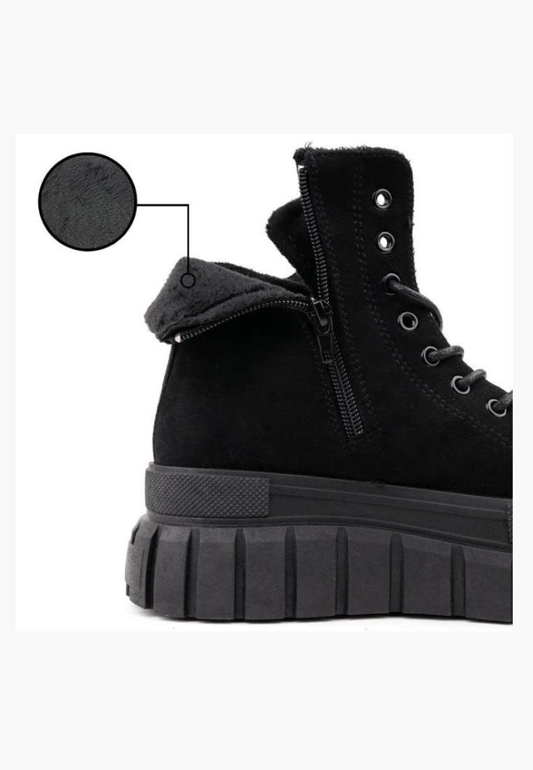 Falio black faux suede ankle boots with thick platform sole, side zipper, lace-up front, and warm faux fur lining.