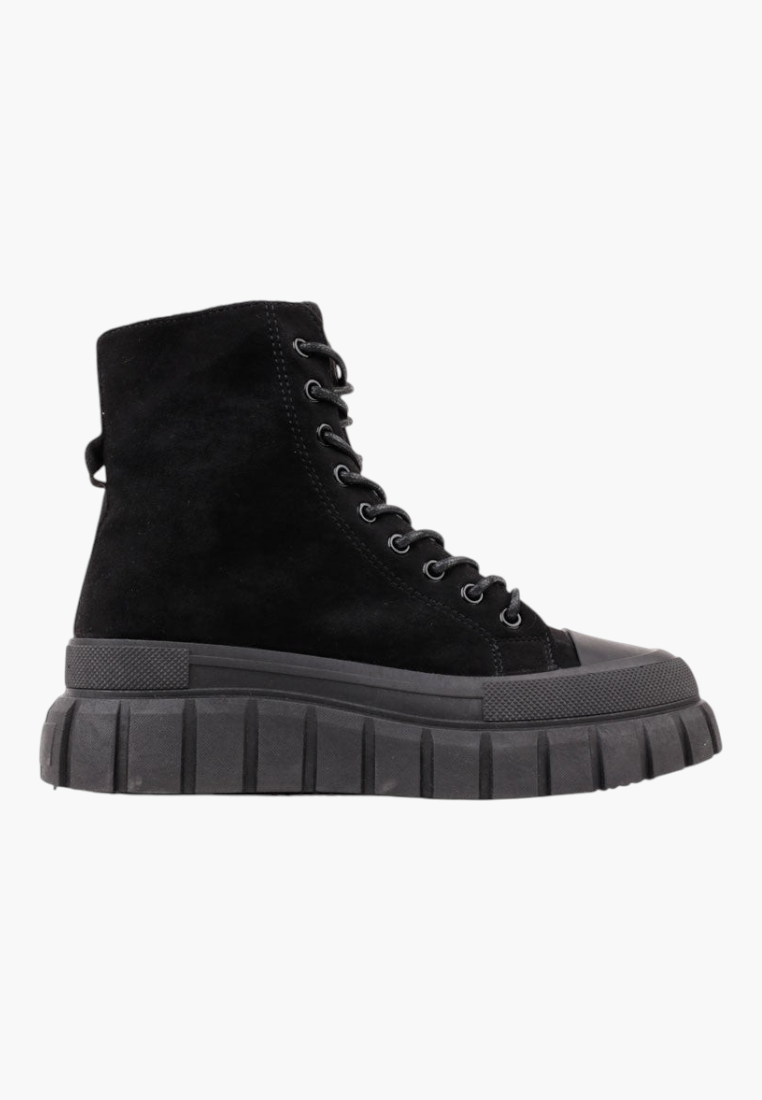 Falio black faux suede lace-up ankle boots with a thick 6cm rubber platform sole and round toe
