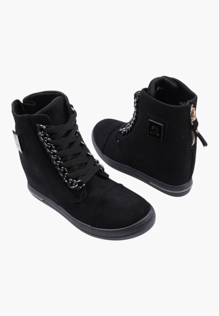 Falio black faux suede wedge sneakers with silver chain detail and lace-up front