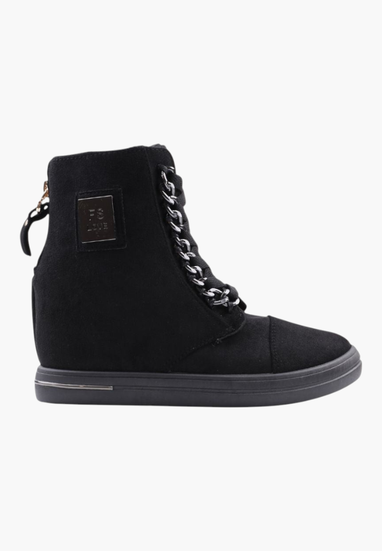 Falio black faux suede wedge sneakers with decorative silver chain detail and lace-up closure for a urban style.