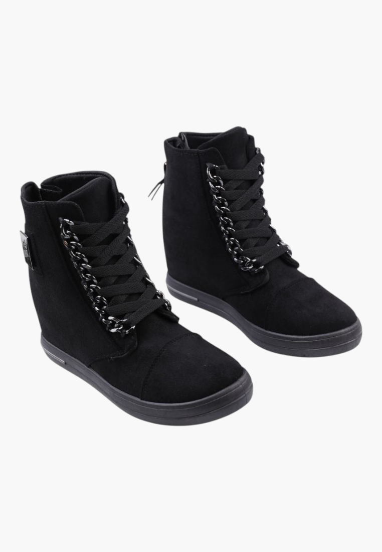 Falio black faux suede wedge sneakers with decorative silver chain detail and lace-up closure for urban style