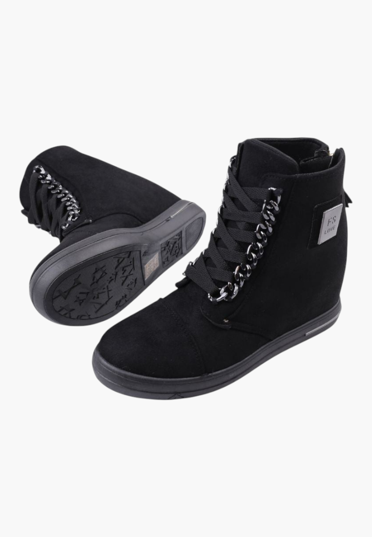 Falio black faux suede wedge sneakers with silver chain detail and lace-up closure for a stylish urban look.