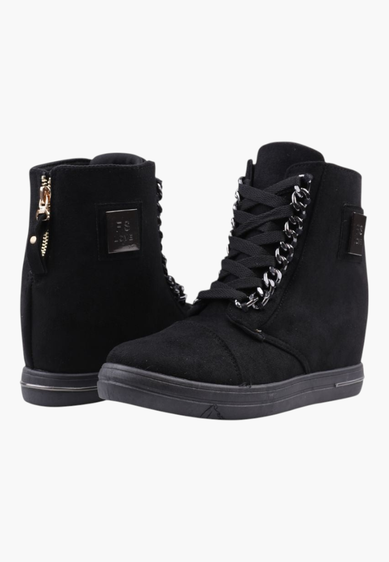 Falio black faux suede wedge sneakers with silver chain detail, lace-up front, and side zipper closure.