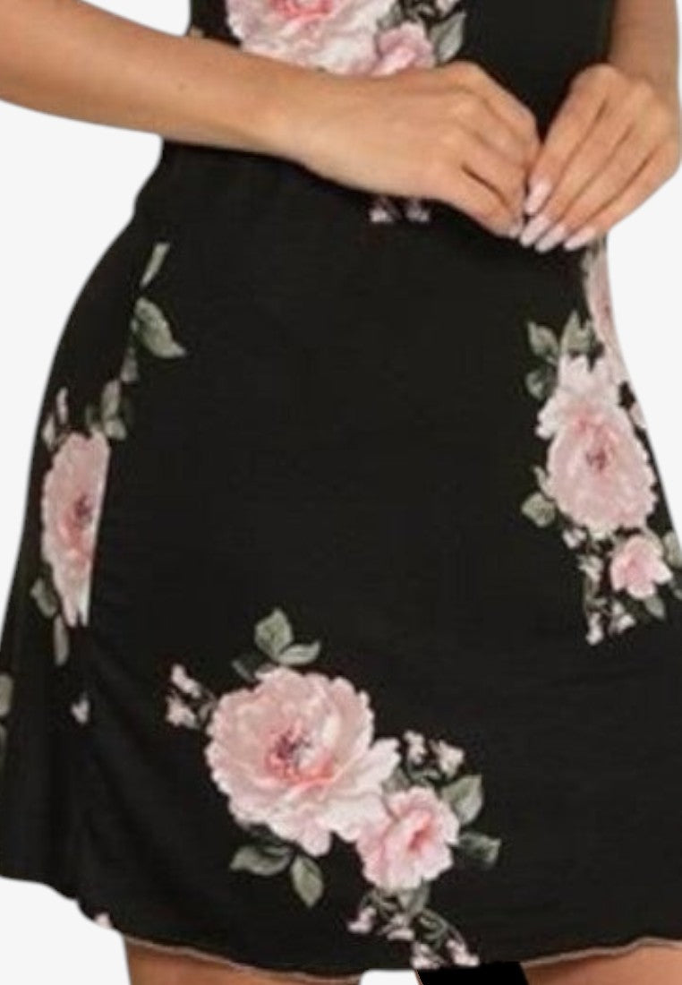 Falio black floral print chemise with pink lace trim and adjustable straps