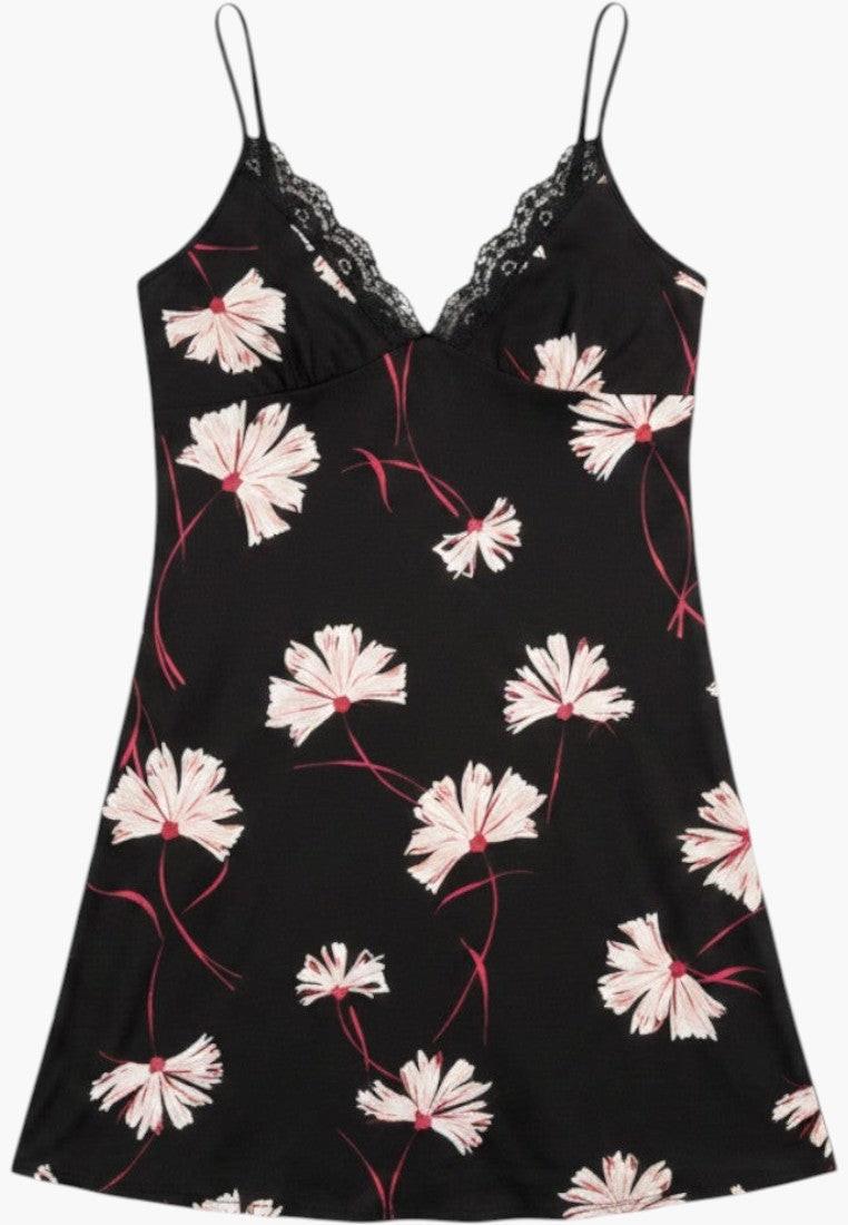 Falio black satin slip nightgown with white floral print and lace trim. Adjustable spaghetti straps.
