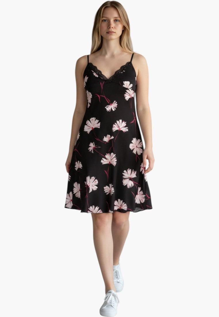 Falio black floral print slip nightgown with lace trim and spaghetti straps.
