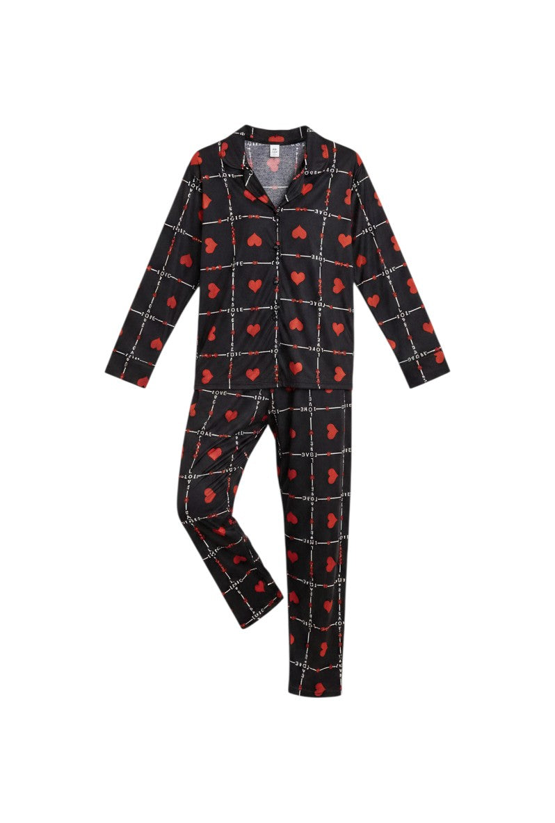 Falio women's black 100% cotton long sleeve pajama set with red hearts and 'love' print. Features a collared neckline and button-up front.