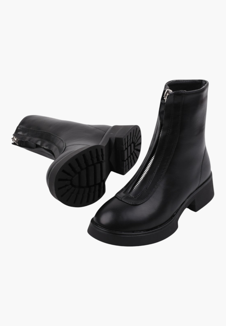 Falio black insulated women's ankle boots made of eco-leather with a front zipper and chunky lug sole.