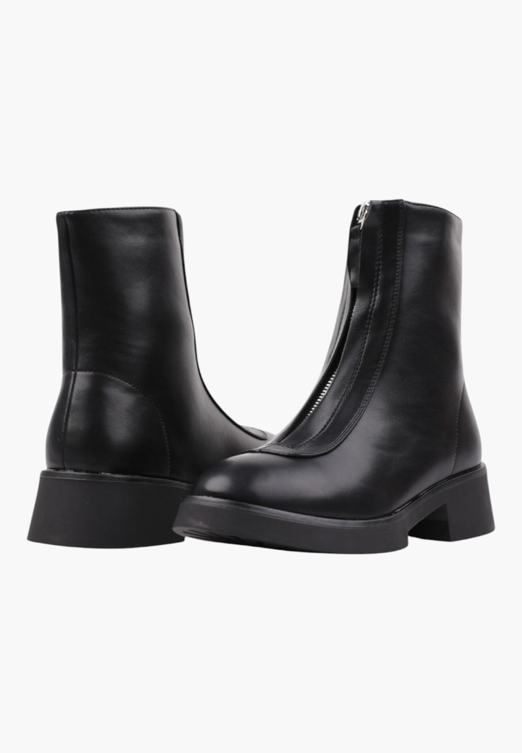 Falio black insulated ankle boots for women made of eco-leather with a front zipper closure