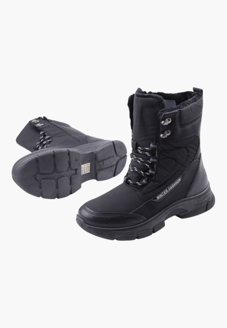 Falio black insulated softshell snow boots with front laces, side zipper, and thick foam sole for winter comfort.