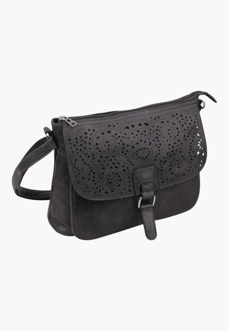 Falio black crossbody bag with a decorative laser-cut floral flap and adjustable shoulder strap